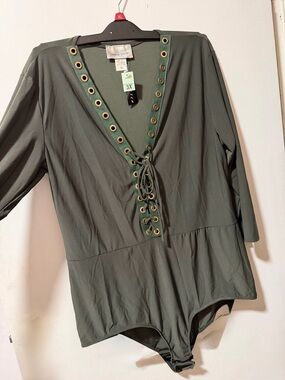 Caren Sport Olive Green Top with Silver Label